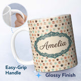 Personalized Custom Name Soft Pastel Coffee Cups Cute Repeating Seamless Pattern Lovely 11oz Ceramic Coffee Tea Mug White Large Handle