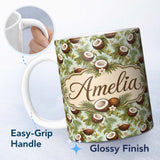 Personalized Custom Name Fresh Coconut and Tropical Leaves with Flowers on Light Green Lovely 11oz Ceramic Coffee Tea Mug White Large Handle