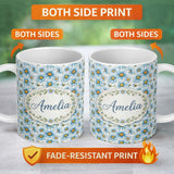 Personalized Custom Name Large Blue Daisy Floral Pattern with Soft Detail Seamless Pattern 11oz Ceramic Coffee Tea Mug White Large Handle