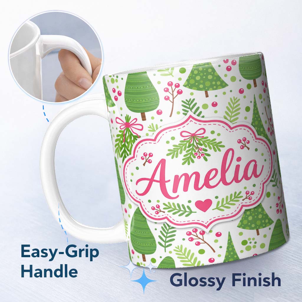 Personalized Custom Name Simple Green Christmas Trees Leaves Berries Seamless Pattern Lovely 11oz Ceramic Coffee Tea Mug White Large Handle