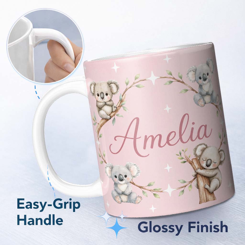 Personalized Custom Name Cute Baby Koala Bears with Stars on Dusty Rose Background Seamless 11oz Ceramic Coffee Tea Mug White Large Handle