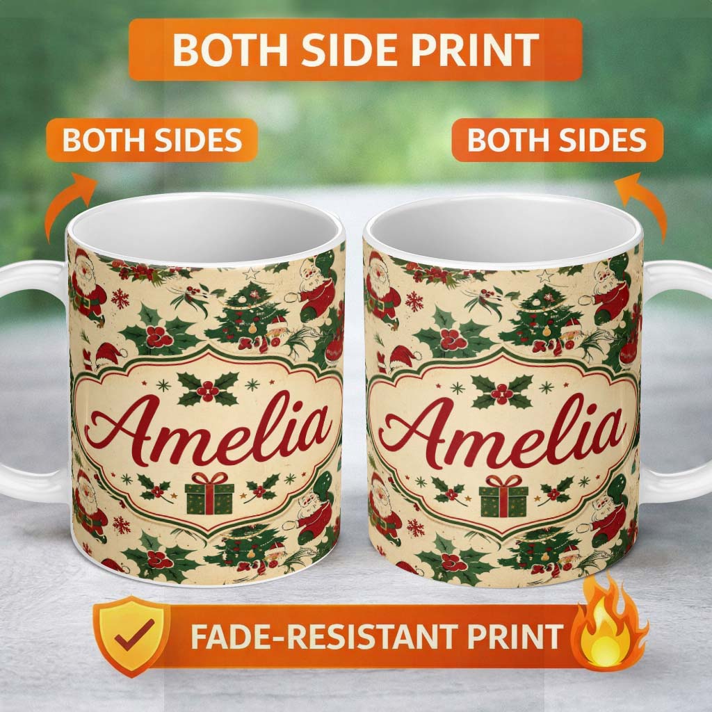 Personalized Custom Name Cute Cartoon Santa Christmas Tree Holly Seamless Pattern Lovely 11oz Ceramic Coffee Tea Mug White Large Handle