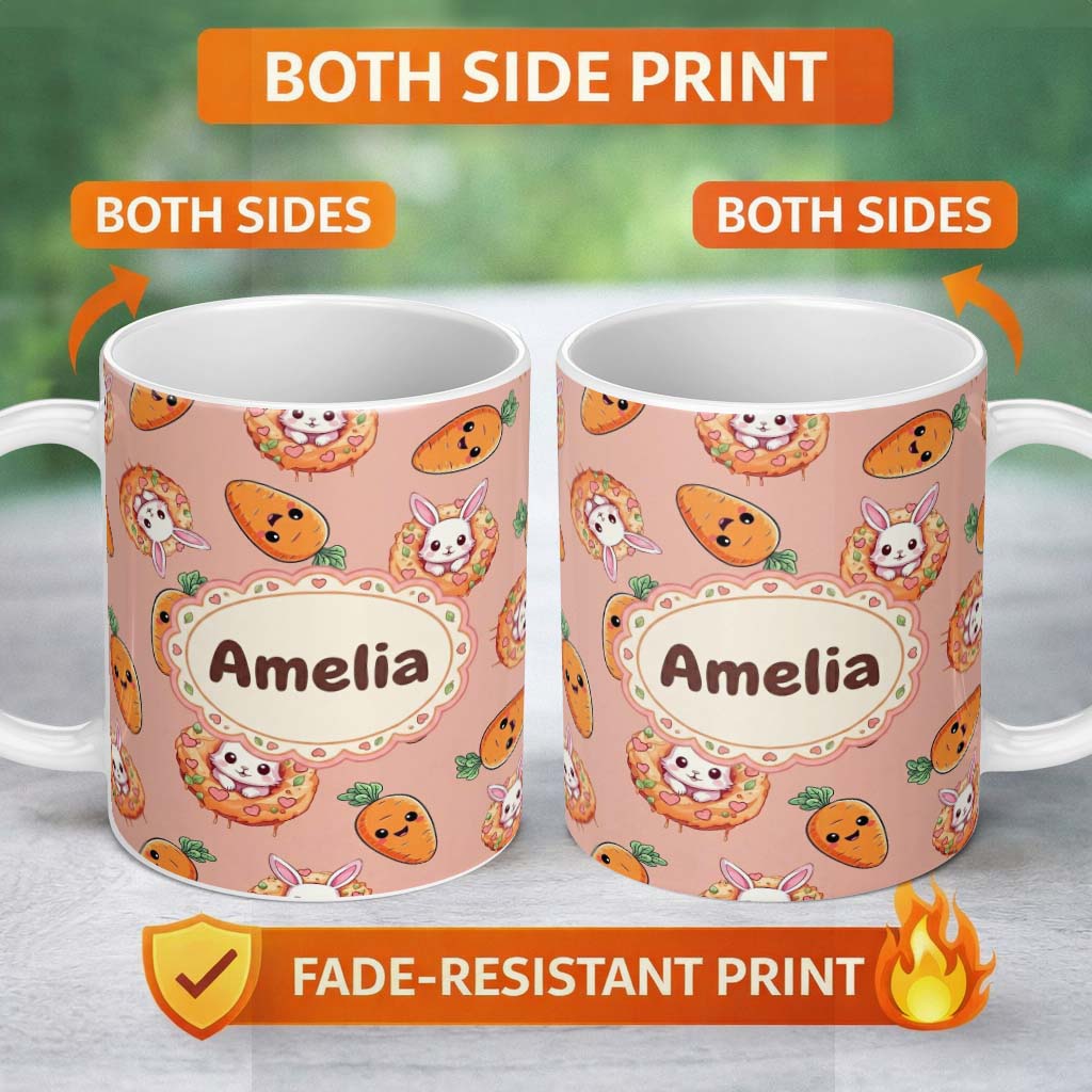 Personalized Custom Name Cute Easter Bunny Carrot Donut Hearts Seamless Pattern Peach Lovely 11oz Ceramic Coffee Tea Mug White Large Handle