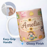 Personalized Custom Name Cute Farm Girl Animals Harvest Seamless Pattern Peach Background 11oz Ceramic Coffee Tea Mug White Large Handle