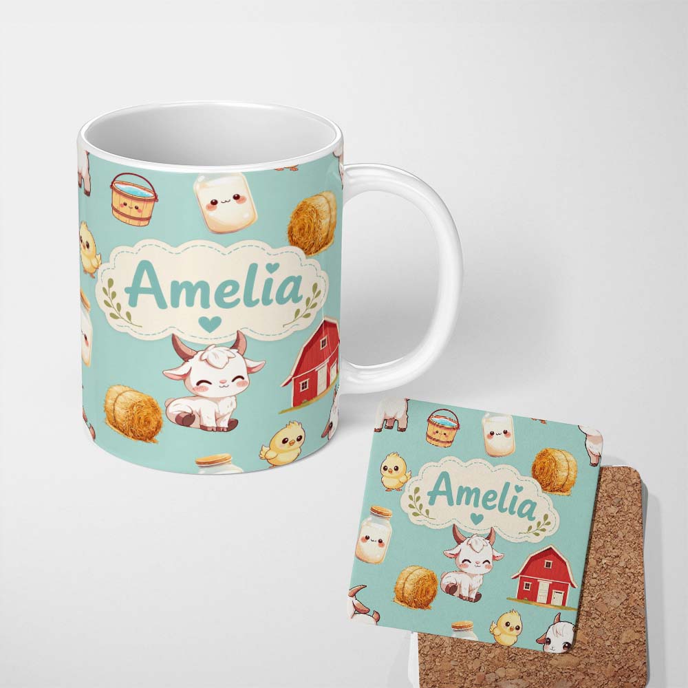 Personalized Custom Name Cute Farm Goat Barn Hay Bale Chick Milk Bucket Teal Background 11oz Ceramic Coffee Tea Mug White Large Handle