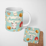 Personalized Custom Name Cute Farm Goat Barn Hay Bale Chick Milk Bucket Teal Background 11oz Ceramic Coffee Tea Mug White Large Handle