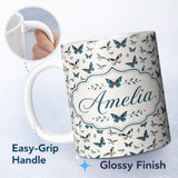 Personalized Custom Name Cute Small Butterfly Scattered Minimal Seamless Pattern Lovely 11oz Ceramic Coffee Tea Mug White Large Handle