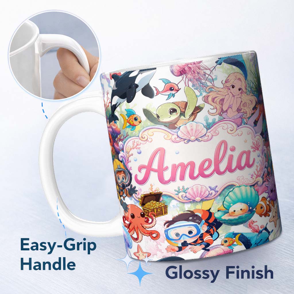Personalized Custom Name Cute Underwater Ocean Animals Mermaid Dolphin Turtle Seamless Lovely 11oz Ceramic Coffee Tea Mug White Large Handle