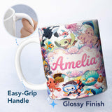 Personalized Custom Name Cute Underwater Ocean Animals Mermaid Dolphin Turtle Seamless Lovely 11oz Ceramic Coffee Tea Mug White Large Handle