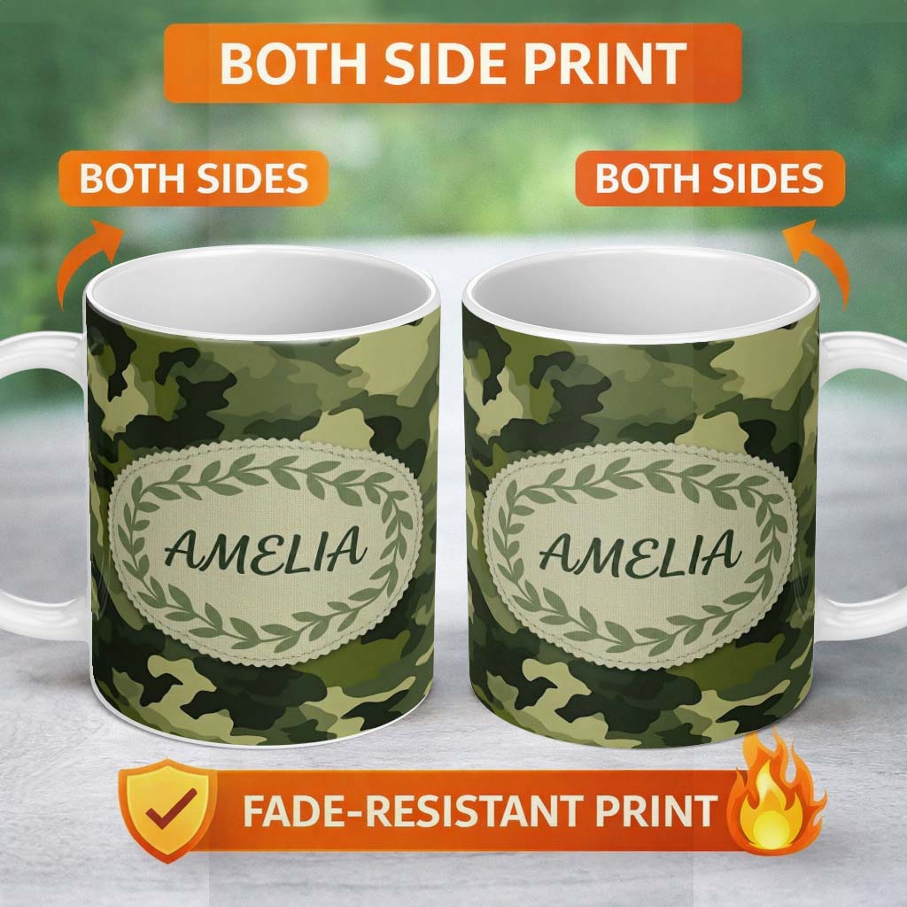 Personalized Custom Name Rich Woodland Green Camouflage Seamless Pattern Beautiful Coffee Cup 11oz Ceramic Coffee Tea Mug White Large Handle