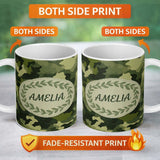 Personalized Custom Name Rich Woodland Green Camouflage Seamless Pattern Beautiful Coffee Cup 11oz Ceramic Coffee Tea Mug White Large Handle
