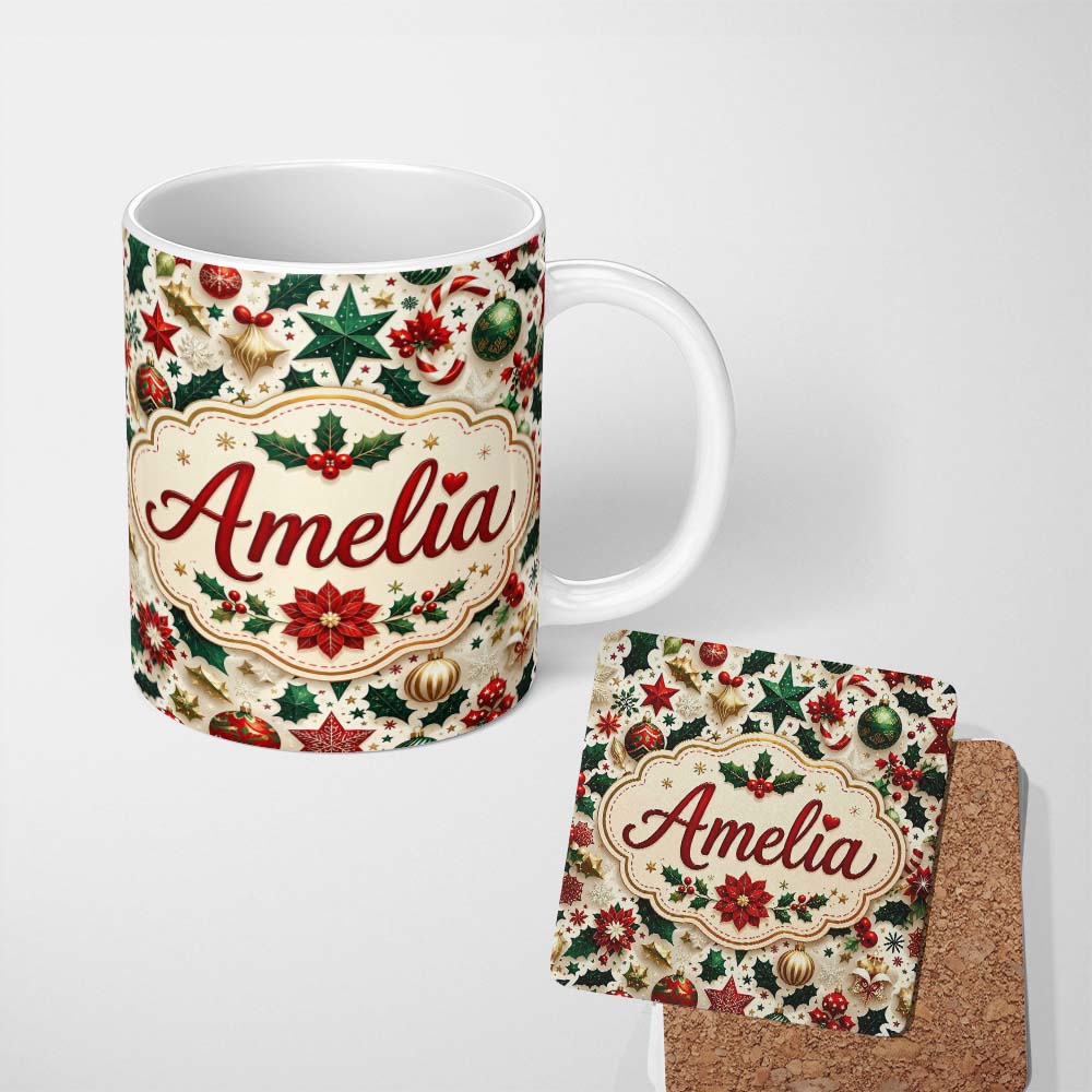 Personalized Custom Name Festive Christmas Stars Ornaments Holly Leaves Seamless Pattern 11oz Ceramic Coffee Tea Mug White Large Handle