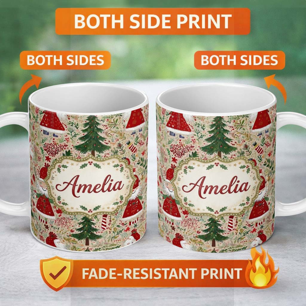 Personalized Custom Name Cute Christmas Gnome Santa Tree Holiday Festive Seamless Pattern 11oz Ceramic Coffee Tea Mug White Large Handle
