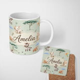 Personalized Custom Name Cute Safari Animals Zebra Rhino Turtle Sage Green Seamless Pattern 11oz Ceramic Coffee Tea Mug White Large Handle