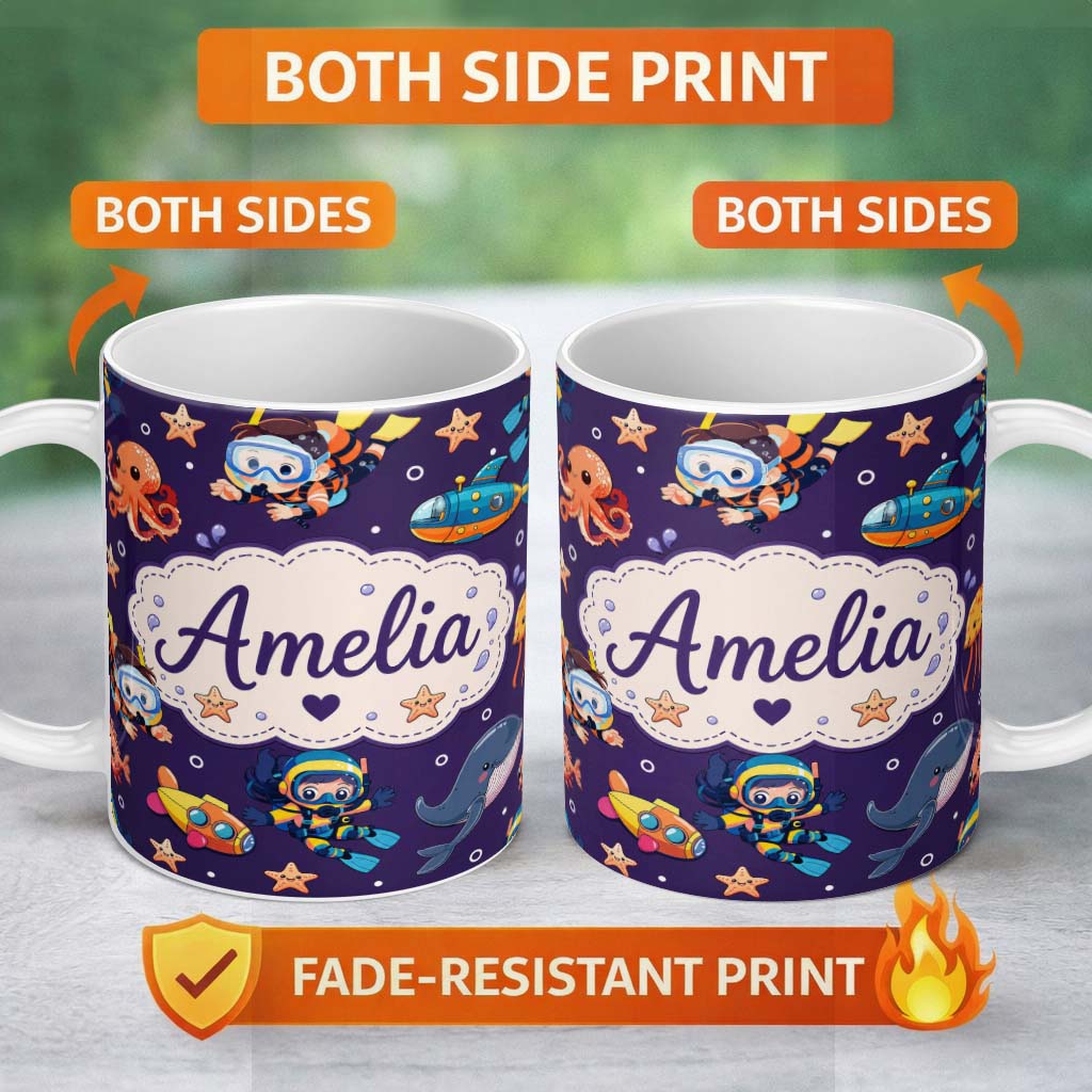Personalized Custom Name Underwater with Scuba Divers Starfish and Whale on Rich Purple 11oz Ceramic Coffee Tea Mug White Large Handle