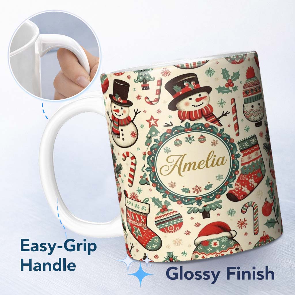 Personalized Custom Name Christmas Tree Star Gift Ornament Holiday Seamless Pattern Lovely 11oz Ceramic Coffee Tea Mug White Large Handle