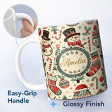 Personalized Custom Name Christmas Tree Star Gift Ornament Holiday Seamless Pattern Lovely 11oz Ceramic Coffee Tea Mug White Large Handle