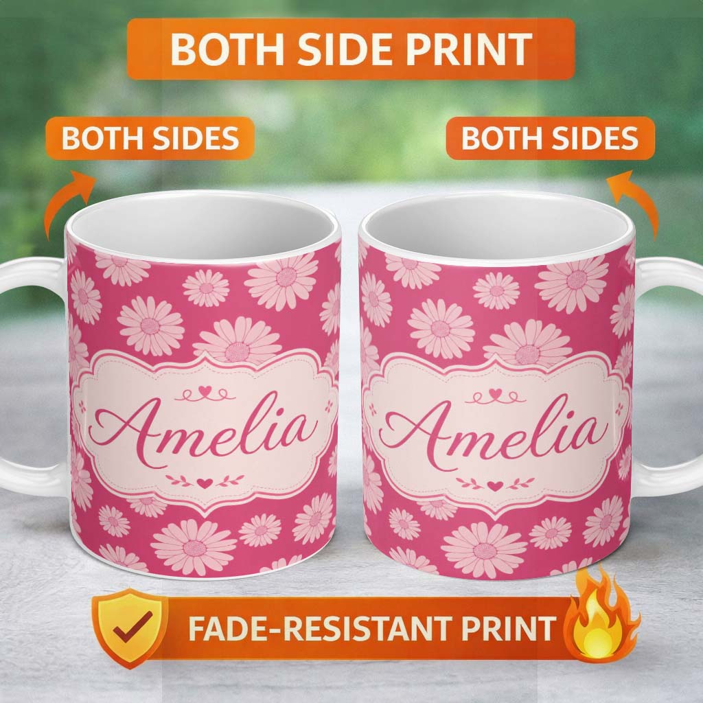Personalized Custom Name White Daisy Floral Pattern on Bright Pink Background Seamless Lovely 11oz Ceramic Coffee Tea Mug White Large Handle