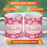 Personalized Custom Name White Daisy Floral Pattern on Bright Pink Background Seamless Lovely 11oz Ceramic Coffee Tea Mug White Large Handle