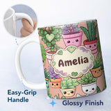 Personalized Custom Name Cute Kawaii Smiling Plant Pots Succulents Leaves Pattern Peach 11oz Ceramic Coffee Tea Mug White Large Handle