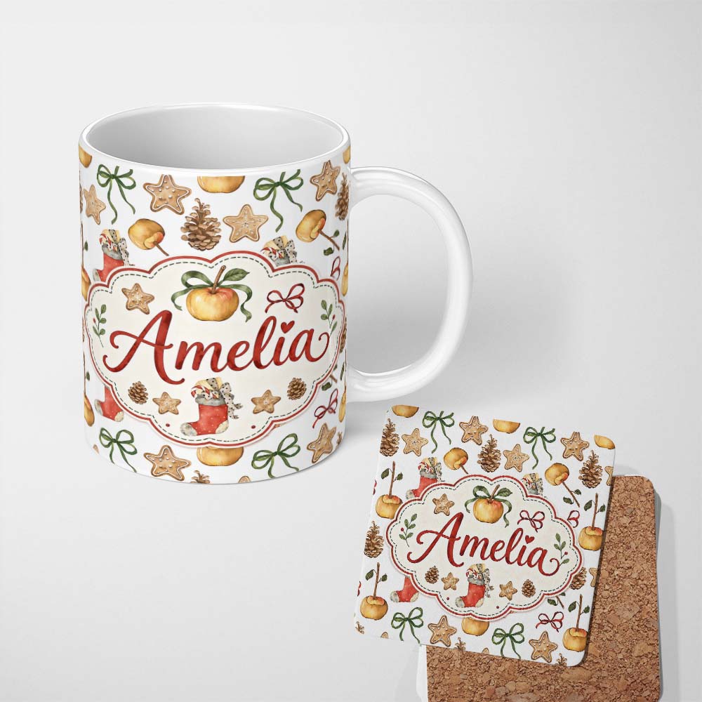 Personalized Custom Name Cute Christmas Apples Pinecone Cookies Bows Seamless Pattern Lovely 11oz Ceramic Coffee Tea Mug White Large Handle