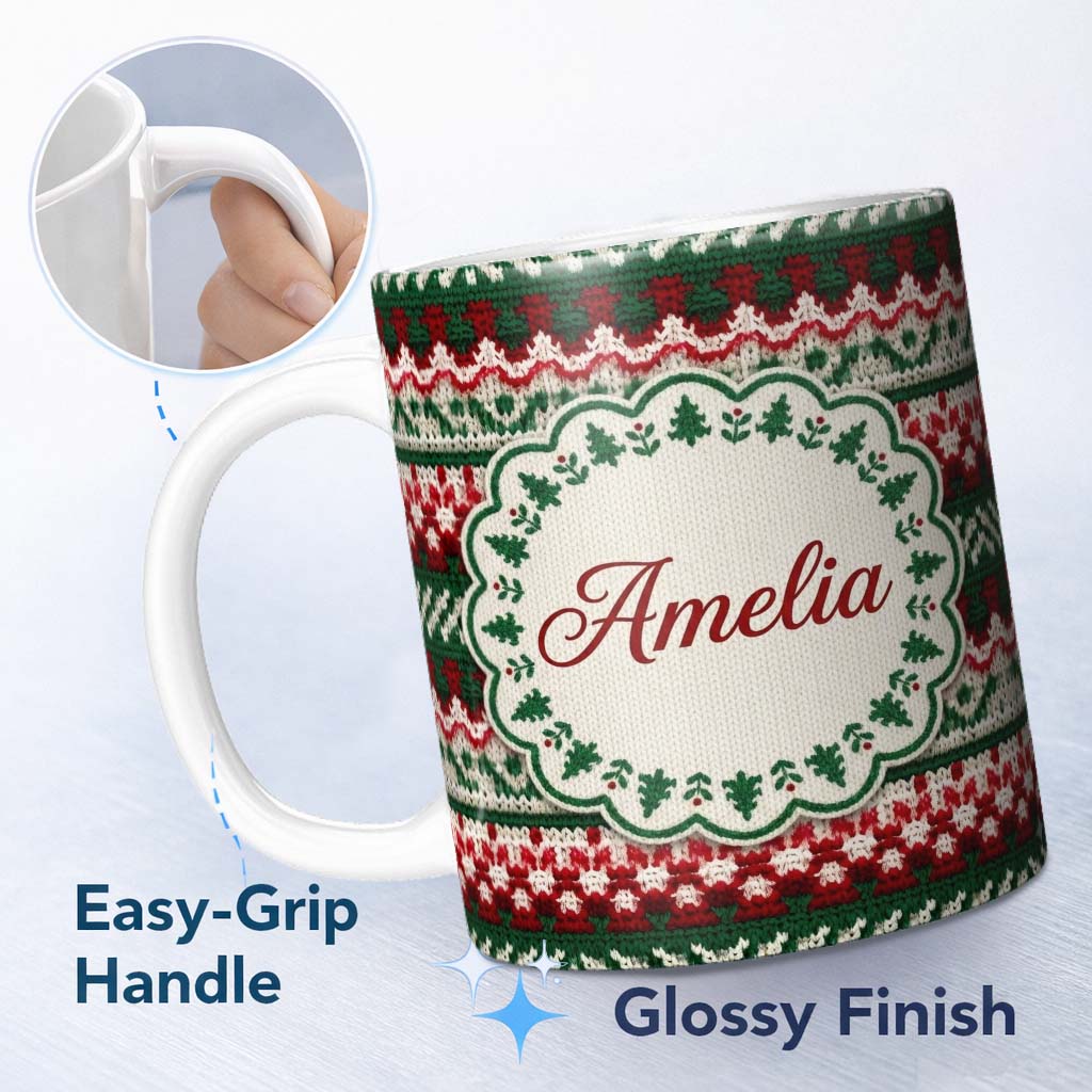 Personalized Custom Name Festive Knitted Fair Isle Christmas Pattern Seamless Lovely 11oz Ceramic Coffee Tea Mug White Large Handle