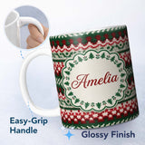 Personalized Custom Name Festive Knitted Fair Isle Christmas Pattern Seamless Lovely 11oz Ceramic Coffee Tea Mug White Large Handle