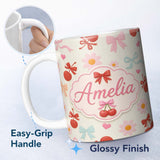 Personalized Custom Name Cute Cherry Bow Daisy Heart Seamless Pattern on Soft Cream Lovely 11oz Ceramic Coffee Tea Mug White Large Handle