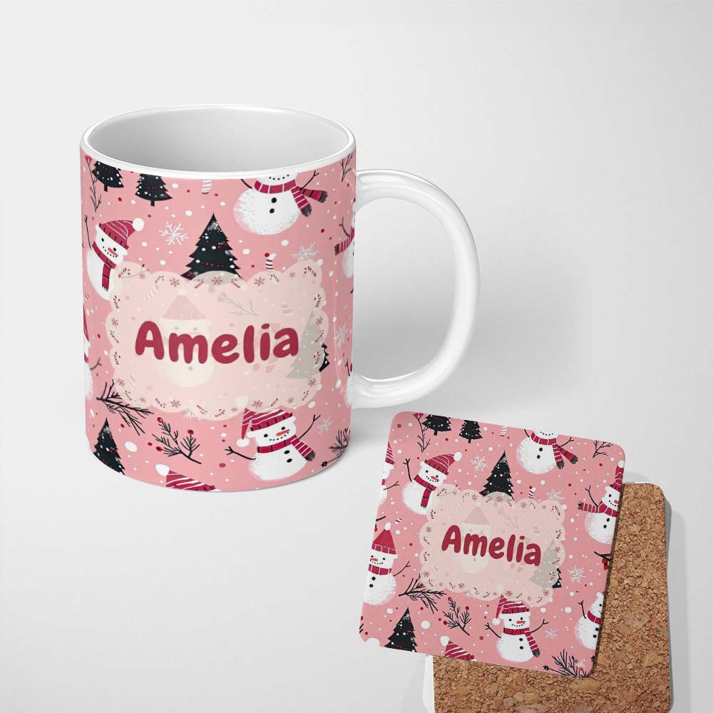 Personalized Custom Name Cute Snowman Candy Cane Tree Winter Seamless Pattern Lovely 11oz Ceramic Coffee Tea Mug White Large Handle