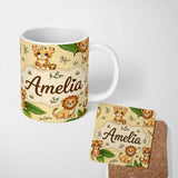 Personalized Custom Name Cute Jungle Animals Lion Tiger Leopard Tropical Leaves Beige Lovely 11oz Ceramic Coffee Tea Mug White Large Handle