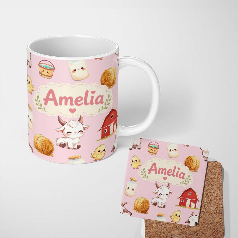 Personalized Custom Name Cute Farm Goat Barn Hay Bale Chick Milk Bucket Rose Background 11oz Ceramic Coffee Tea Mug White Large Handle