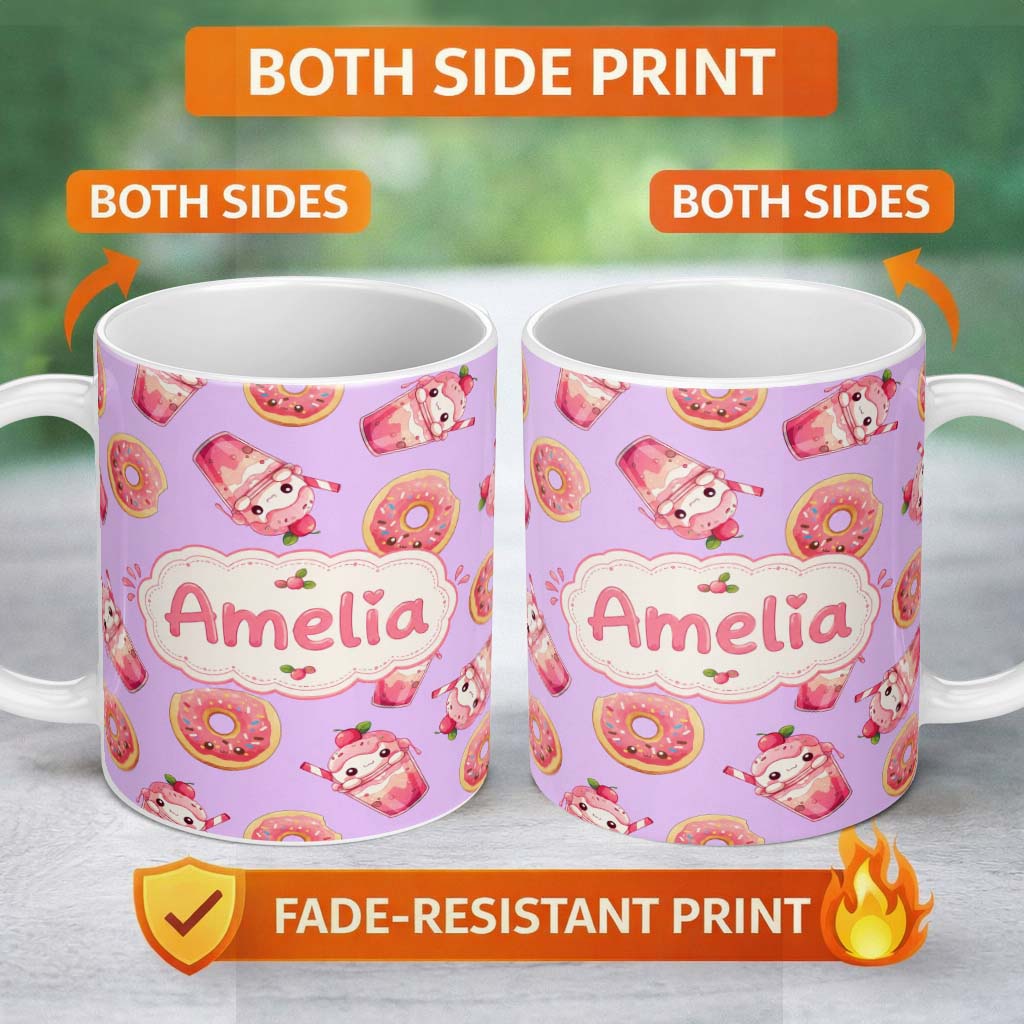 Personalized Custom Name Cute Kawaii Donuts and Strawberry Milkshake Purple Background 11oz Ceramic Coffee Tea Mug White Large Handle