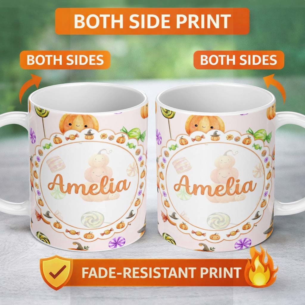 Personalized Custom Name Cute Watercolor Pumpkins and Candy Sweets on Neutral Beige Lovely 11oz Ceramic Coffee Tea Mug White Large Handle