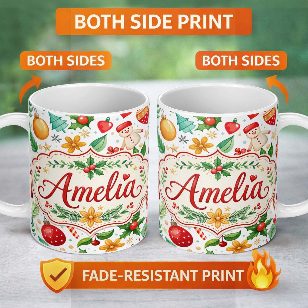 Personalized Custom Name Cute Christmas Tree Snowman Candy Cane Baubles Seamless Pattern 11oz Ceramic Coffee Tea Mug White Large Handle