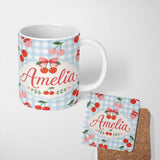 Personalized Custom Name Cute Cherry Fruit with Bow and Sprinkles Pattern Blue Gingham Check 11oz Ceramic Coffee Tea Mug White Large Handle