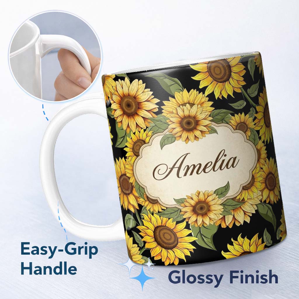 Personalized Custom Name Bright Sunflower Blooms with Green Leaves on White Background Lovely 11oz Ceramic Coffee Tea Mug White Large Handle