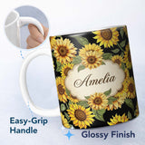Personalized Custom Name Bright Sunflower Blooms with Green Leaves on White Background Lovely 11oz Ceramic Coffee Tea Mug White Large Handle