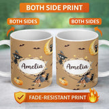 Personalized Custom Name Cute Halloween Witch Girl with Pumpkin Bats and Moon Warm Brown 11oz Ceramic Coffee Tea Mug White Large Handle
