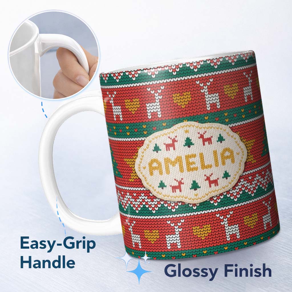 Personalized Custom Name Festive Reindeer Heart Christmas Tree Nordic Knit Seamless Pattern 11oz Ceramic Coffee Tea Mug White Large Handle