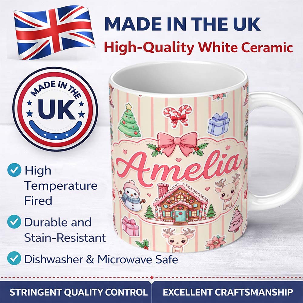 Personalized Custom Name Cute Christmas Festive Stickers Gingerbread House Tree Cream Stripe 11oz Ceramic Coffee Tea Mug White Large Handle