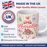 Personalized Custom Name Cute Christmas Festive Stickers Gingerbread House Tree Cream Stripe 11oz Ceramic Coffee Tea Mug White Large Handle