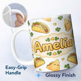 Personalized Custom Name Cute Kawaii Tacos and Wraps Seamless Pattern Light Grey Background 11oz Ceramic Coffee Tea Mug White Large Handle