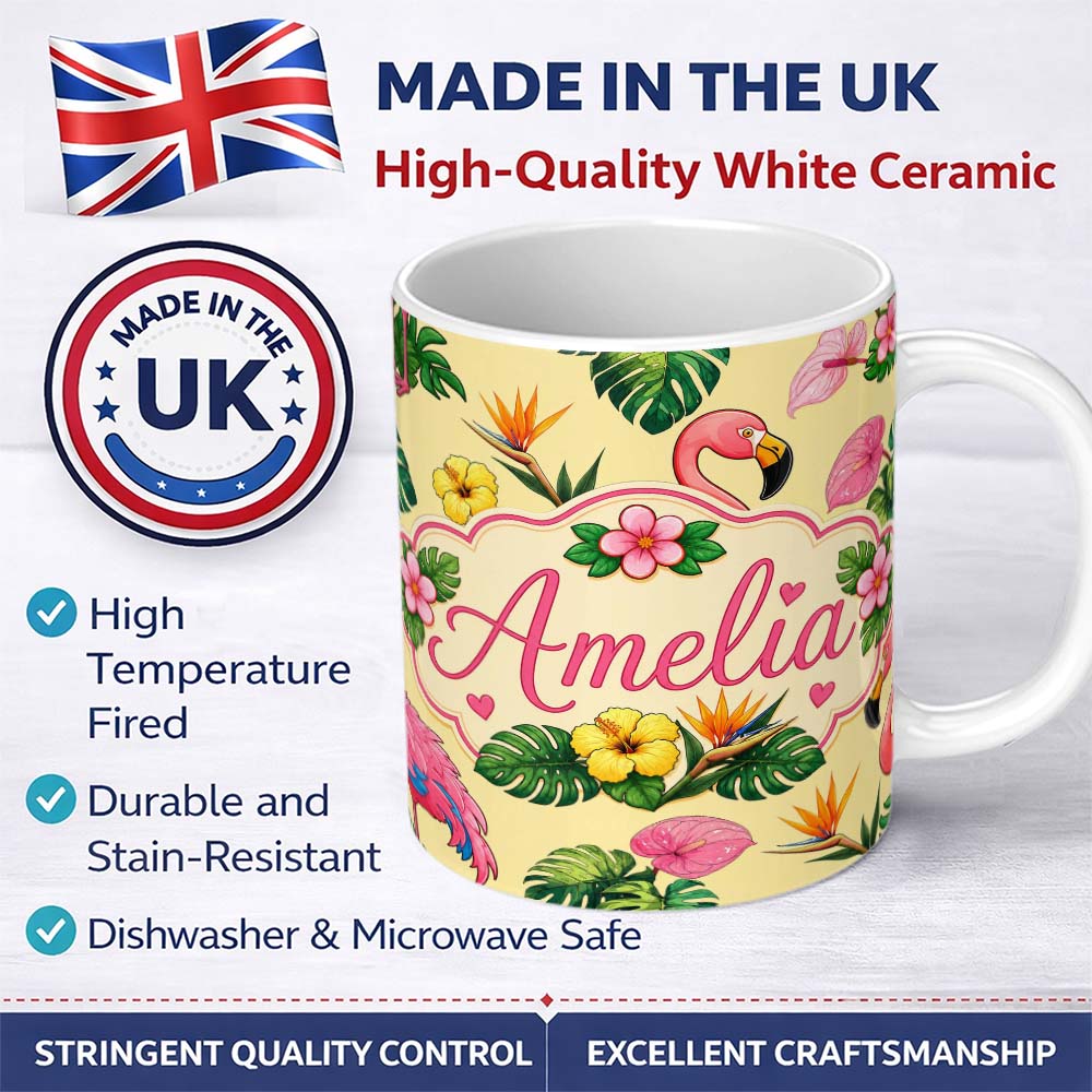 Personalized Custom Name Tropical Flamingo with Hibiscus Flowers and Leaves Warm Yellow 11oz Ceramic Coffee Tea Mug White Large Handle