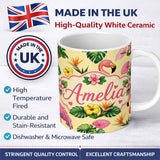 Personalized Custom Name Tropical Flamingo with Hibiscus Flowers and Leaves Warm Yellow 11oz Ceramic Coffee Tea Mug White Large Handle