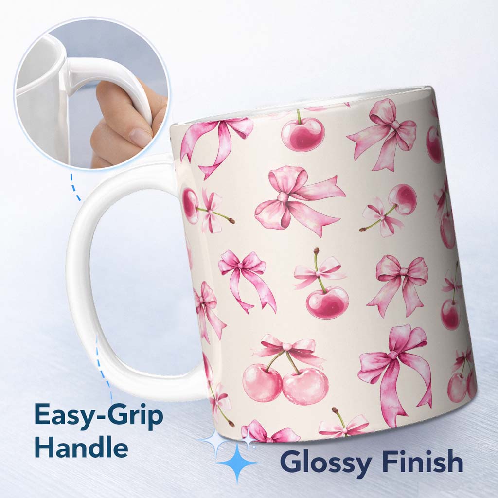 Personalized Custom Name Watercolor Pink Cherry Ribbon Bow Seamless Pattern Soft Neutral 11oz Ceramic Coffee Tea Mug White Large Handle