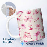 Personalized Custom Name Watercolor Pink Cherry Ribbon Bow Seamless Pattern Soft Neutral 11oz Ceramic Coffee Tea Mug White Large Handle