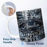 Personalized Custom Name Galaxy Sparkle Typography Black Motivational Word Pattern Lovely 11oz Ceramic Coffee Tea Mug White Large Handle