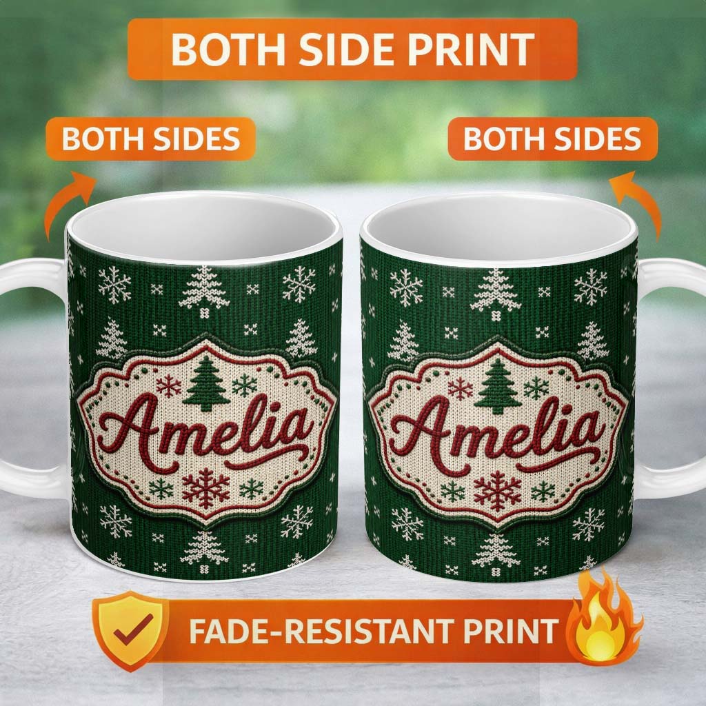Personalized Custom Name Cute Green Knitted Christmas Tree Snowflake Nordic Seamless Pattern 11oz Ceramic Coffee Tea Mug White Large Handle