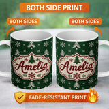 Personalized Custom Name Cute Green Knitted Christmas Tree Snowflake Nordic Seamless Pattern 11oz Ceramic Coffee Tea Mug White Large Handle