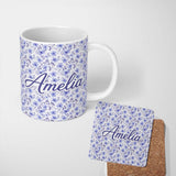 Personalized Custom Name Soft Lavender Watercolor Floral Seamless Pattern Delicate Botanical 11oz Ceramic Coffee Tea Mug White Large Handle